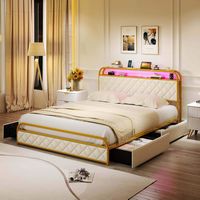 Costway Queen Size Bed Frame with LED Lights & Charging Station Storage Headboard & Drawers - Gol... - Alternate Views
