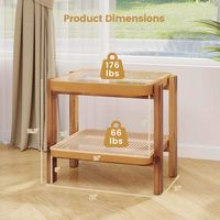 Costway 2 PCS End Table with Tempered Glass Top Acacia Wood Legs Rattan Storage Shelf - Brown - Alternate Views