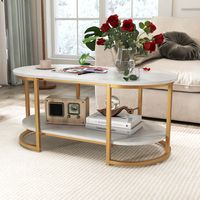 Costway White Marble Coffee Table  Modern 2-Tier Center Table with Open Storage Shelf - White and... - Alternate Views
