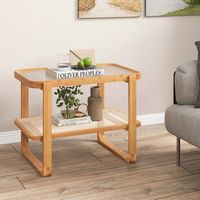 Costway 1 PC Bamboo Side Table with Rattan Shelf Glass Top Nightstand Small Sofa End Table - Natural - Alternate Views