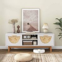 TV Stand for 55-Inch TVs with 2 Drawers & Bamboo Woven Fronts Solid Wood Legs White - Alternate Views