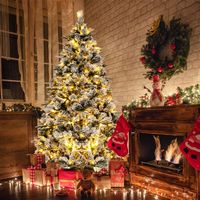 Costway - 6 FT Pre-Lit Flocked Christmas Tree Hinged Xmas Decoration with 250 LED Lights - Green/... - Alternate Views