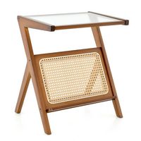 Costway Rattan Side Table Bamboo Accent Bedside Table with Tempered Glass Top - Walnut - Alternate Views