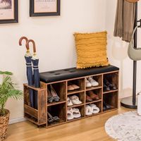 Costway - Wooden Shoe Bench 10-Cube Storage Organizer with Padded Cushion & Umbrella Holder - Bla... - Alternate Views