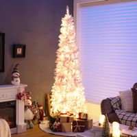 Costway - 7FT Pre-Lit Snow Flocked Hinged Pencil Christmas Tree w/ 300 Lights & 8 Modes - Pink/White - Alternate Views