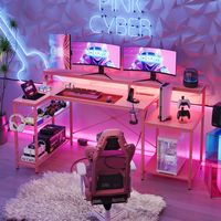 Bestier 71inch L-Shaped LED Gaming Desk with Power Outlet Computer Desk - Light Pink - Alternate Views