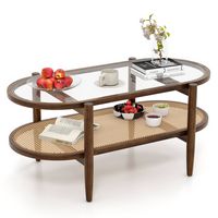 Costway - 2-Tier Coffee Table Tempered Glass Top with PE Rattan Shelf & Acacia Wood Frame - Brown - Alternate Views