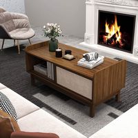 Costway Rectangular Coffee Table with Storage Weaving Sliding Door & Adjustable Shelf - Walnut - Alternate Views