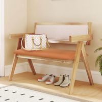Costway - Rubber Wood Dining Bench w/Armrest Sherpa Upholstered Backrest Soft-padded Seat - Natur... - Alternate Views