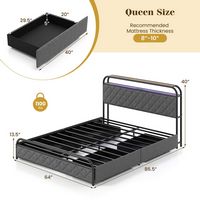 Costway Queen Size Bed Frame with LED Lights & Charging Station Storage Headboard - Black - Alternate Views