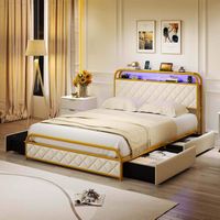 Costway Full Size Bed Frame with LED Lights & Charging Station Storage Headboard & Drawers - Gold... - Alternate Views