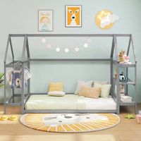 Costway Twin Size House Bed Montessori Floor Bed with Detachable Storage Shelves - Gray - Alternate Views