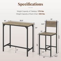 Costway 3 PCS Bar Table & Chair Set Kitchen Table with 2 Bar Stools for Small Space - Gray - Alternate Views