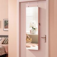 Costway - Mirrored Wall & Door Mounted Jewelry Cabinet Storage Organizer with Lights&Drawer - Pink - Alternate Views