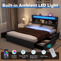 Costway Queen Size Bed Frame with Led Lights & Charging Station & Modern Upholstered Bed - Gray - Alternate Views
