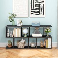 Costway - 2-Tier Bookshelf Free Standing Wooden Display S-Shaped Shelf Storage Rack - Black - Alternate Views