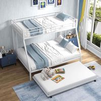 Costway Twin Over Full Metal Slats Bunk Bed Frame with Trundle, Guard Rail & Ladders - White - Alternate Views