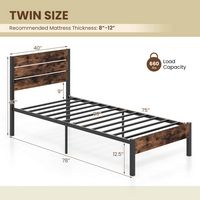 Costway Twin Bed Frame with Tall Industrial Headboard Heavy-Duty Metal Slats Support - Brown - Alternate Views