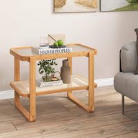 Costway 2 PCS Bamboo Side Table Rattan Shelf Glass Top Nightstand Small Sofa End Table - Natural - Alternate Views