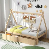 Costway Twin Size Wooden House Bed with 2 Drawers Roof Storage for Boys & Girls - Natural - Alternate Views