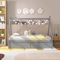 Costway Twin Size Wooden House Bed with 2 Drawers Roof Storage for Boys & Girls - Gray - Alternate Views