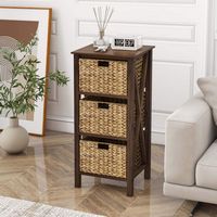 1 PC 3-Tier Nightstand with 3 Seagrass Baskets Rubber Wood X-Shaped Frames 3 Drawers - Alternate Views