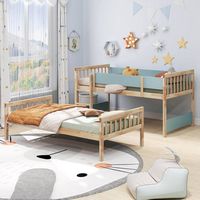 Costway Twin Over Twin Bunk Bed Solid Wood Bed Frame with Ladder Full-length Guardrails - Natural - Alternate Views