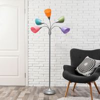 Simple Designs - 5 Light Adjustable Gooseneck Floor Lamp - Silver/Fun Multicolored Shades - Alternate Views