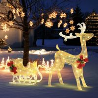 Costway - Lighted Christmas Reindeer & Sleigh, Outdoor & Indoor Decoration W/ 100 Lights - Gold - Alternate Views