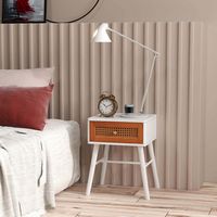 Costway 2 PCS Nightstand with Storage Drawer Rattan Decoration Solid Wood Legs for Bedroom - Whit... - Alternate Views