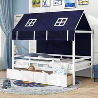 Costway Twin House Bed Solid Wood Playhouse Bed Low Loft Bed with Tent 2 Storage Drawers - White - Alternate Views