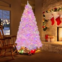 Costway - 7 FT Flocked Artificial Christmas Tree Hinged with 500 LED Lights 1200 Branch Tips - Pink - Alternate Views