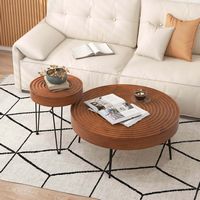 Costway Farmhouse Round CoffeeTable Set of 2 End Table Natural Finish for Living Room - Brown - Alternate Views