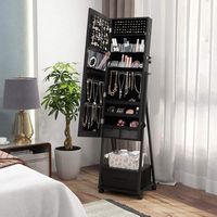 Costway - Jewelry Cabinet Armoire Full Length Mirror Lockable with Bottom Drawer & Wheels - Black - Alternate Views