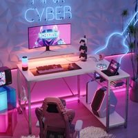 Bestier - L-Shaped Gaming Desk with Power Outlets LED Lights and Reversible Storage Shelves & Hoo... - Alternate Views