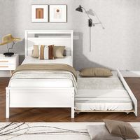 Costway Twin Size Platform Bed with Trundle Pull-out Trundle Headboard & Footboard - White - Alternate Views