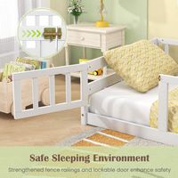Costway Twin Size Floor Bed with Door & Fence with Safety Guardrails & Slats Support - White - Alternate Views