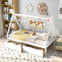 Costway Twin Size Wooden House Bed with 2 Drawers Roof Storage for Boys & Girls - White - Alternate Views