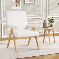 Costway 2 PCS Mid-Century Accent Chair with Solid Rubber Wood Frame and Padded Armrests - Beige +... - Alternate Views
