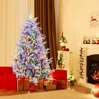 Costway - 6 FT Flocked Christmas Tree with 8 Lighting Modes 260 Multi-Color LED Lights - Green/White - Alternate Views