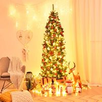 Costway - 7Ft Pre-lit Artificial Pencil Christmas Tree Hinged Fir PVC Tree /350 LED Lights - Green - Alternate Views