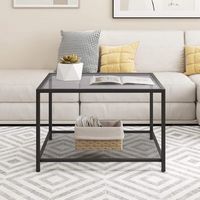 Costway Glass Coffee Table 27.5 Inch 2-Tier Square with Mesh Shelf Living Room Grey - Grey and Black - Alternate Views