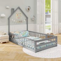 Costway Twin Size Montessori Floor Bed for Toddler with Lockable Door Full-Length Guardrail - Gray - Alternate Views