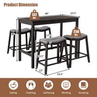 Costway 5PCS Bar Table Set Counter Height Table & Upholstered Saddle Stools Set for 4 - Black/Gray - Alternate Views