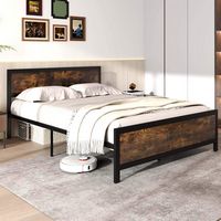 Costway Queen Size Metal Bed Frame with Headboard & Footboard Metal Slats Support - Brown - Alternate Views