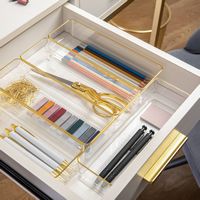 Martha Stewart - Kerry Set of 6 Plastic Stacking Desk Drawer Organizers with Gold Trim - 12 x 3 -... - Alternate Views