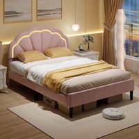 Costway Full Size Upholstered LED Bed Frame Soft Velvet Platform Bed with Flower Headboard - Pink - Alternate Views