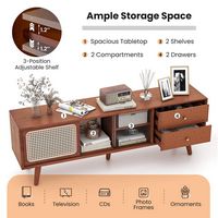Costway Bamboo TV Stand Console Table with PE Rattan Door & 2 Drawers for TV up to 65