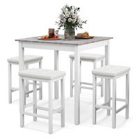 Costway 5 PCS Bar Table Set Square Dining Table & 4 PVC Leather Upholstered Bar Stools - White - Alternate Views