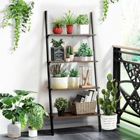 Costway - Industrial Ladder Shelf 4-Tier Leaning Wall Bookcase Plant Stand Rustic - Brown - Alternate Views